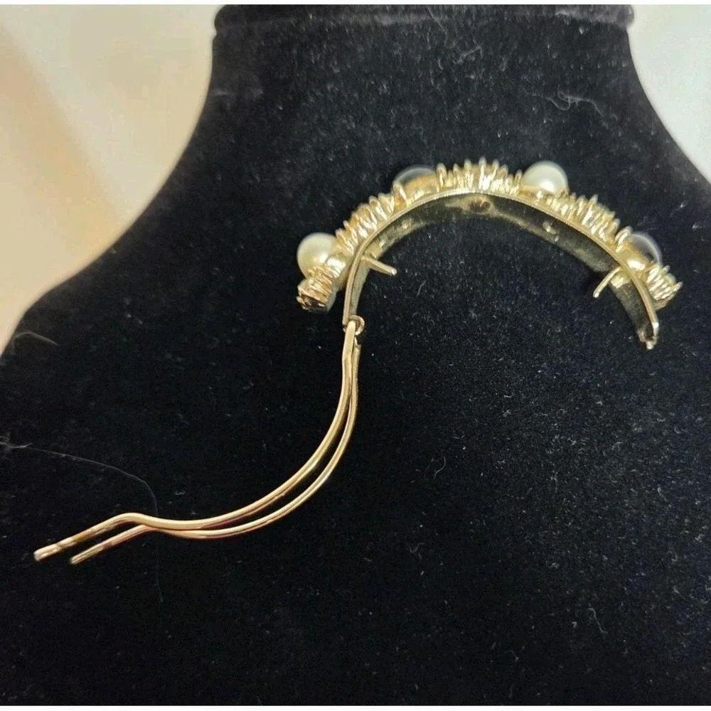 Gold Tone Crescent Moon Brooch Pin Faux Pearls Green Pink Clear Rhinestones